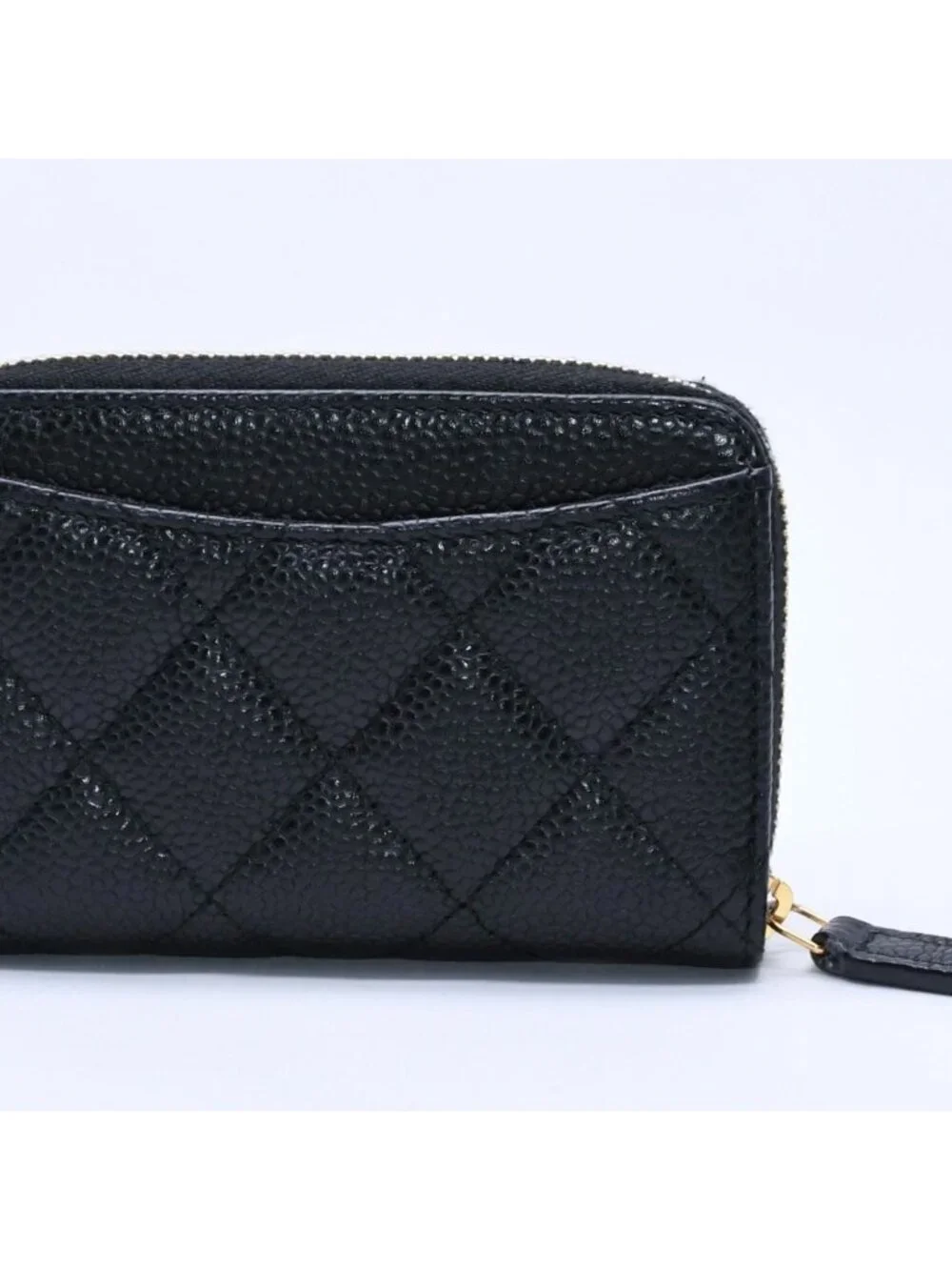 Chanel Classic Zip Coin Purse Quilted Caviar Leather Stand Black Wallet Card